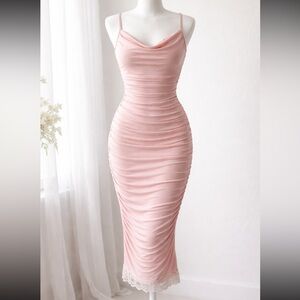 Missguided Nude Lace Hem Ruched Cowl Neck Bodycon Midi Dress Size 6 NWT